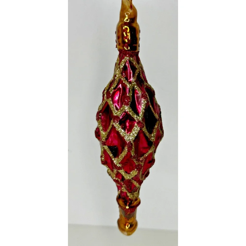 Red Diamond Glass Christmas Ornament Textured Waffle Pattern Gold Glitter
